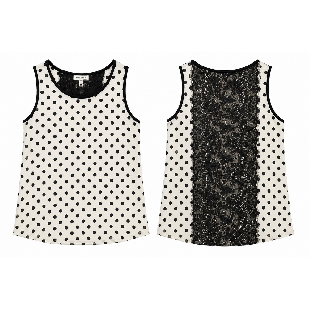 Monteau Black White Polka Dot Lace Back Tank Top Blouse Lightweight